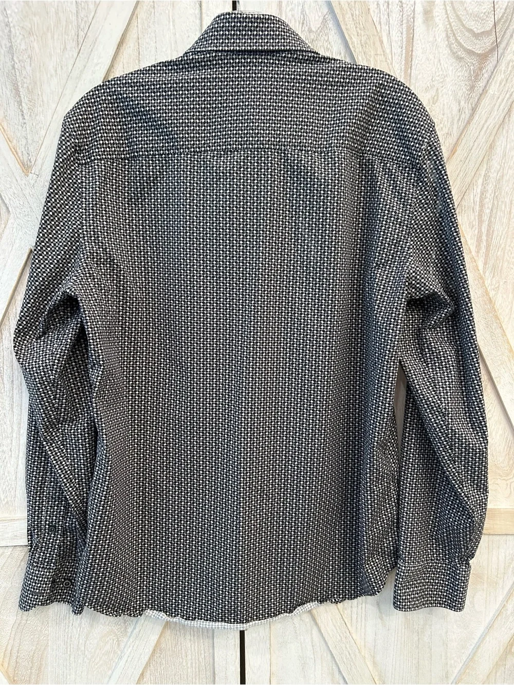 Bugatchi 8 Way Stretch Black & White Micro-Pattern Med Button Down Dress Shirt